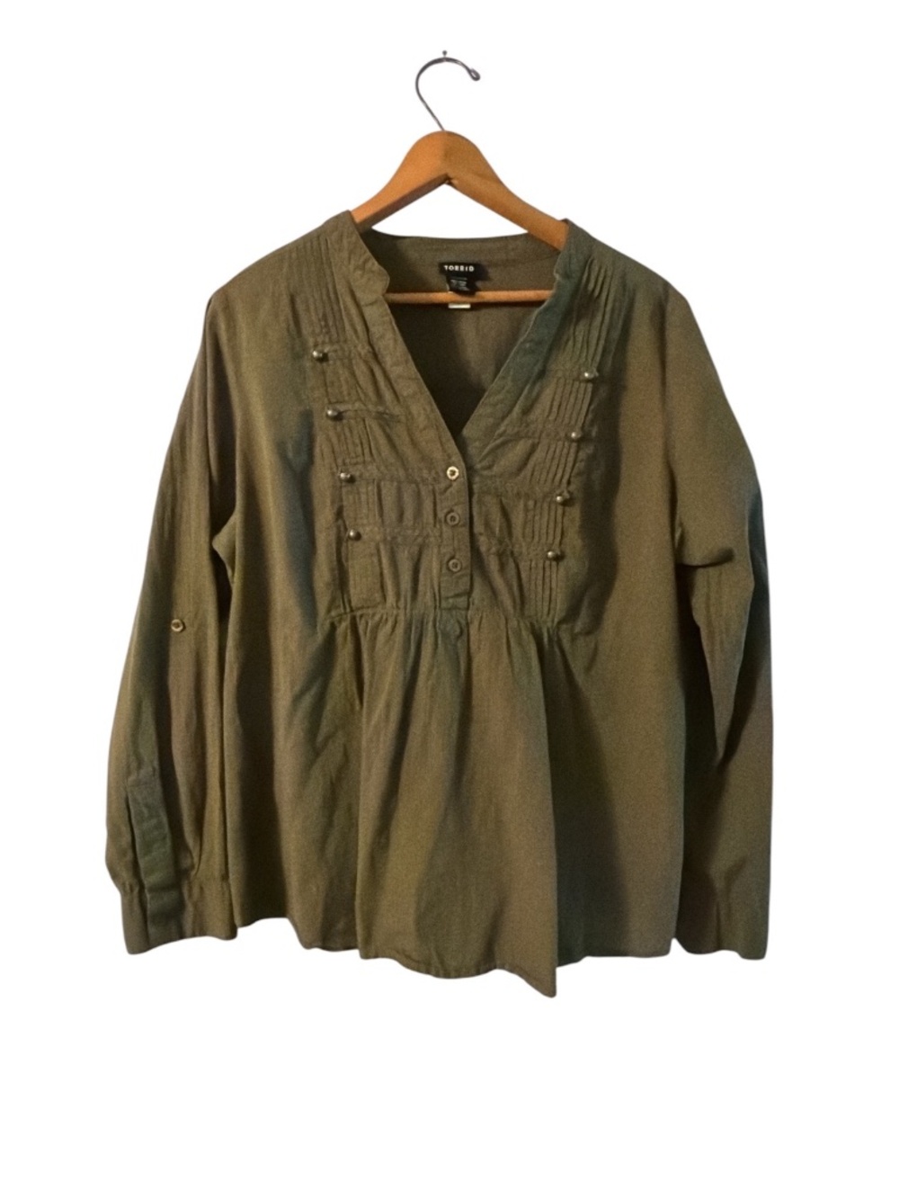 Torrid Olive Green Boho Pintuck Peasant Blouse Size 0